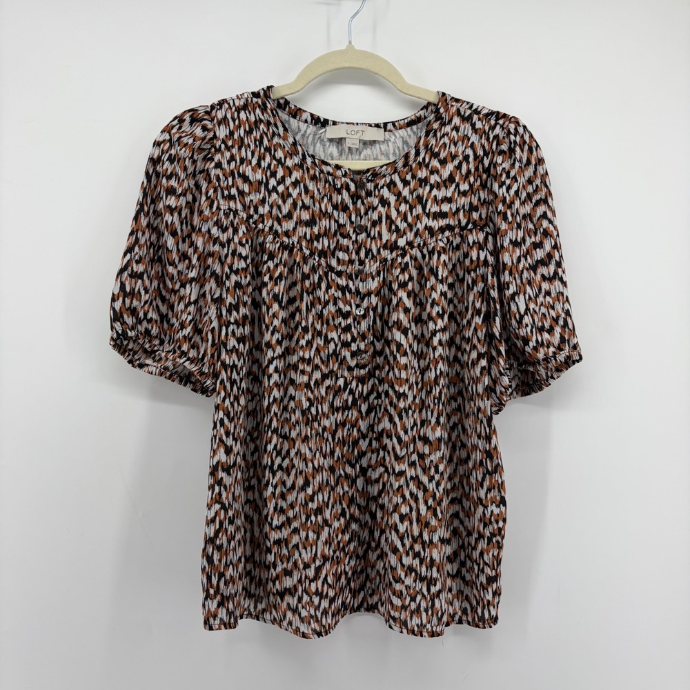 LOFT Womens Small Rust Black White Blouse Abstract Ikat Puff Sleeve Mixed Media